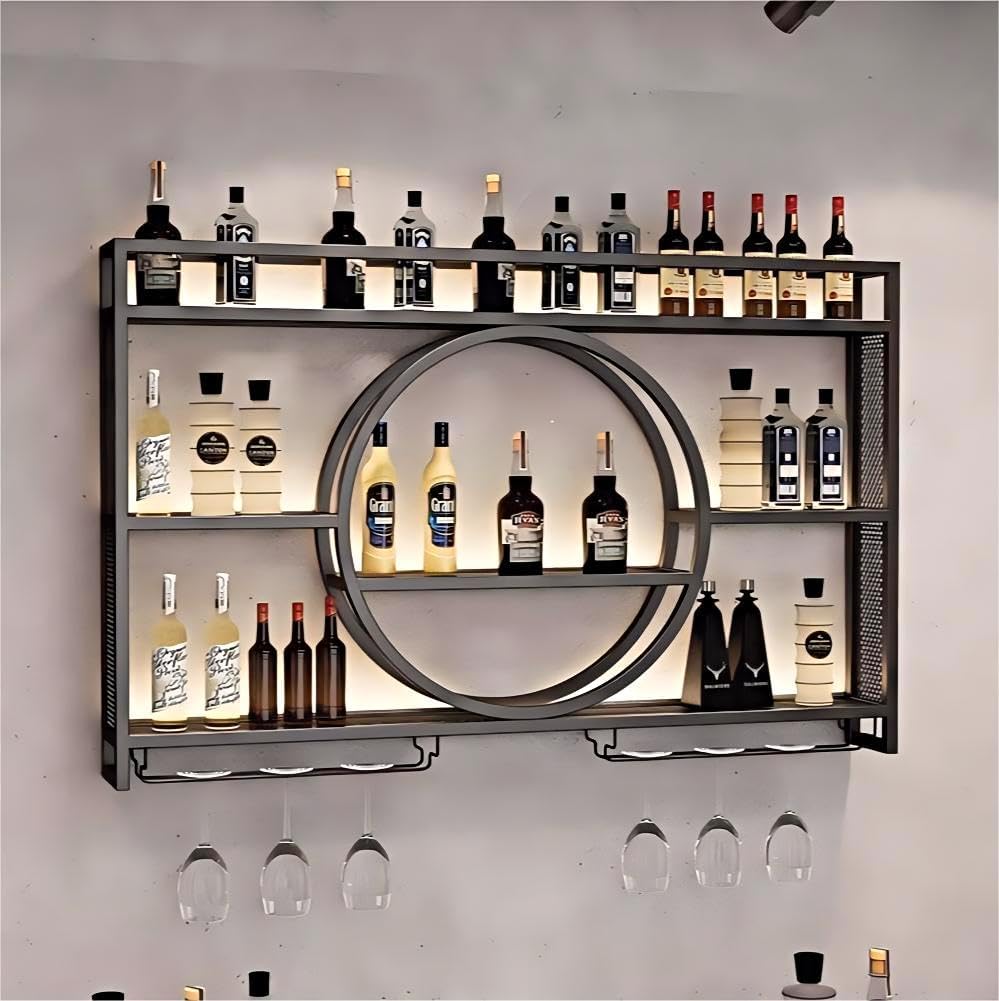 Wall Mounted Wine Rack with Light,3-Tier Metal Wine Bottle Shelf with Wine Glass Holder, Modern Bar Shelves Bar Liquor Bottle Display Shelf Multifunctional Wine Storage Rack for Home Bar (Black, 140)