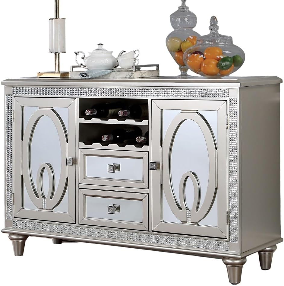 Contemporary Silver Server with Mirror Tile Accents, Mirror, Solid Wood | Mir...