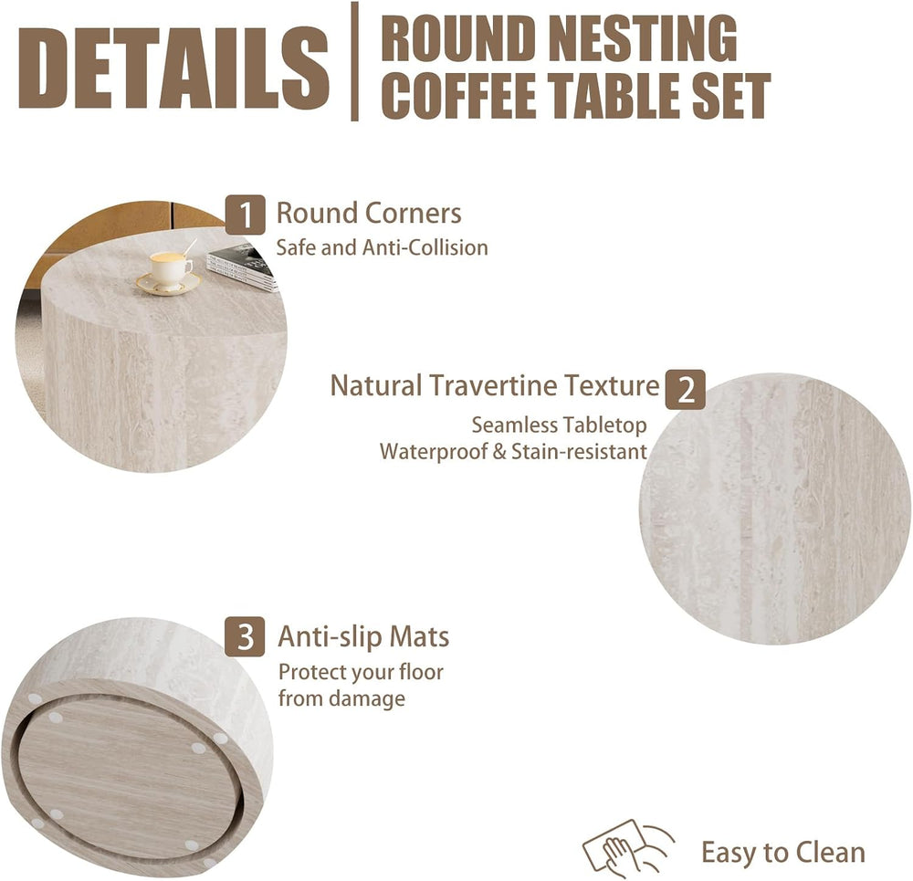 Nesting Coffee Table Set of 2 (C Light Beige Travertine) | Modern Round Coffe...