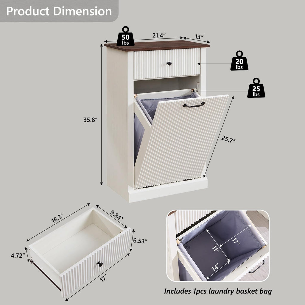 Modern Tilt-Out Laundry Hamper Cabinet, 10 Gallon Fluted Trash Can Cabinet with Drawer, Wooden Hidden Garbage Can Cabinets with Laundry Basket, Free Standing for Bathroom and Kitchen, White