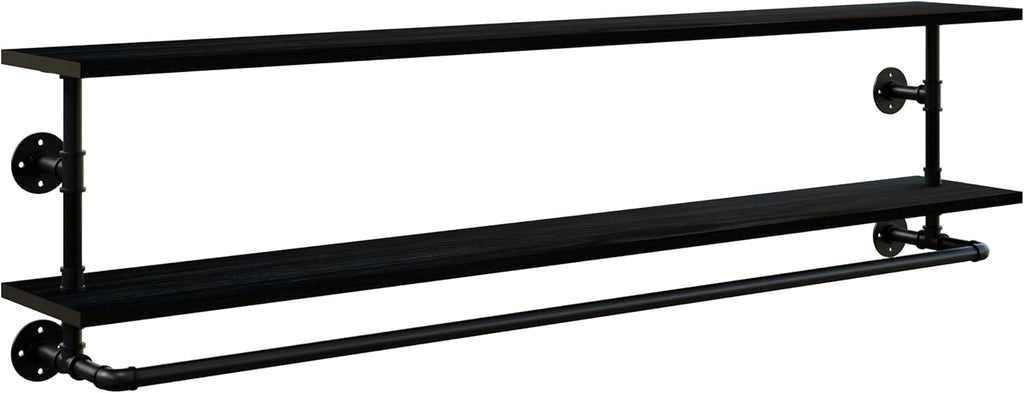 Black Clothes Rack 60in, 2-Tier Wall Mounted Garment Rack with Real Wood Shelf, Heavy Duty Hanging Clothes Rack, Multi-Purpose Hanging Rod, Space-Saving Closet Storage