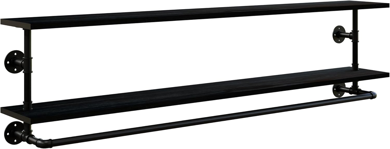 Black Clothes Rack 60in, 2-Tier Wall Mounted Garment Rack with Real Wood Shelf, Heavy Duty Hanging Clothes Rack, Multi-Purpose Hanging Rod, Space-Saving Closet Storage