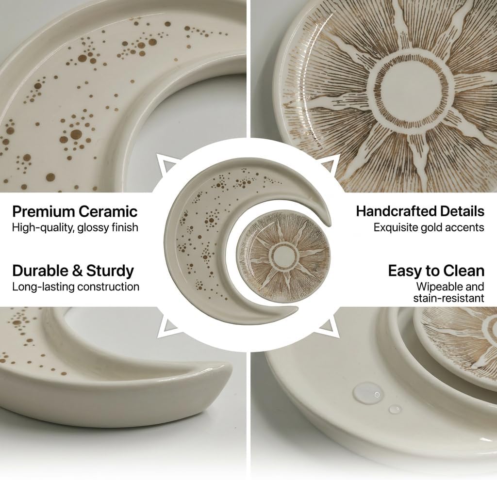 Ceramic Jewelry Dish Tray 2-Pack,Earrings Ring Holder,Small Trinket Plate | Bohemian Sun and Moon Key bowl,Unique Elegant Decor for Home,Engagement Birthday Gift,Gift for Mom Women Bride Friends