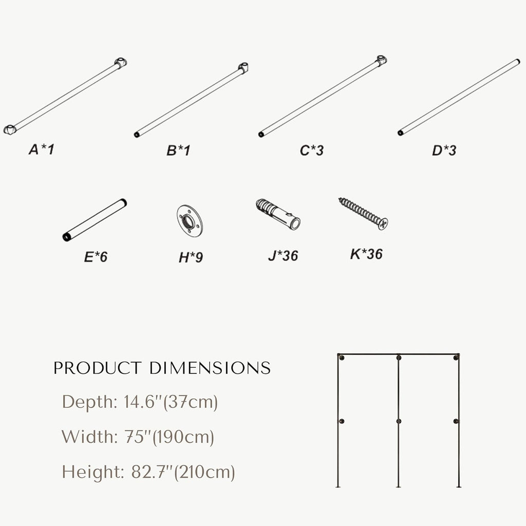 Industrial Pipe Clothing Rack, Heavy Duty Wall Mounted Clothes Rack, Retail Display Hanging Garment Rod for Laundry Rooms, Closet Storage, 14.6x75x82.7 Inches, Model K06