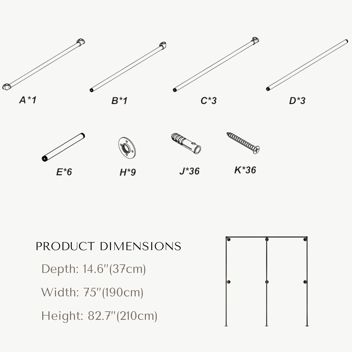 Industrial Pipe Clothing Rack, Heavy Duty Wall Mounted Clothes Rack, Retail Display Hanging Garment Rod for Laundry Rooms, Closet Storage, 14.6x75x82.7 Inches, Model K06