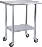 ROCKPOINT Stainless Steel Table for Prep & Work with Caster Wheels 24x30 Inches, NSF Metal Commercial Kitchen Heavy Duty Table with Adjustable Under Shelf and Table Foot for Restaurant, Home and Hotel