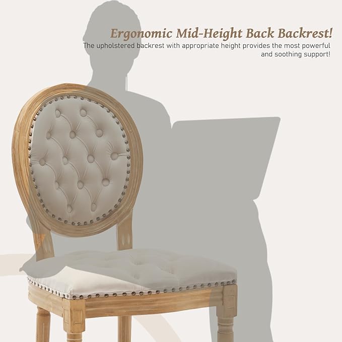 French Country Dining Chairs Set of 2,Farmhouse Upholstered Dining Room Chairs with Tufted Round Back&Solid Leg,Velvet Kitchen Side Chairs for Kitchen/Bedroom/Dining Room,Beige