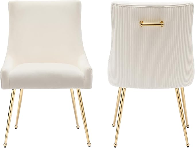 Velvet Dining Chairs Set of 2, Modern Upholstered Kitchen Chair with Pull Handle & Pleated Back, Mid Century Accent Chair with Gold Metal Legs for Vanity,Dining,Kitchen,Living Room, Beige