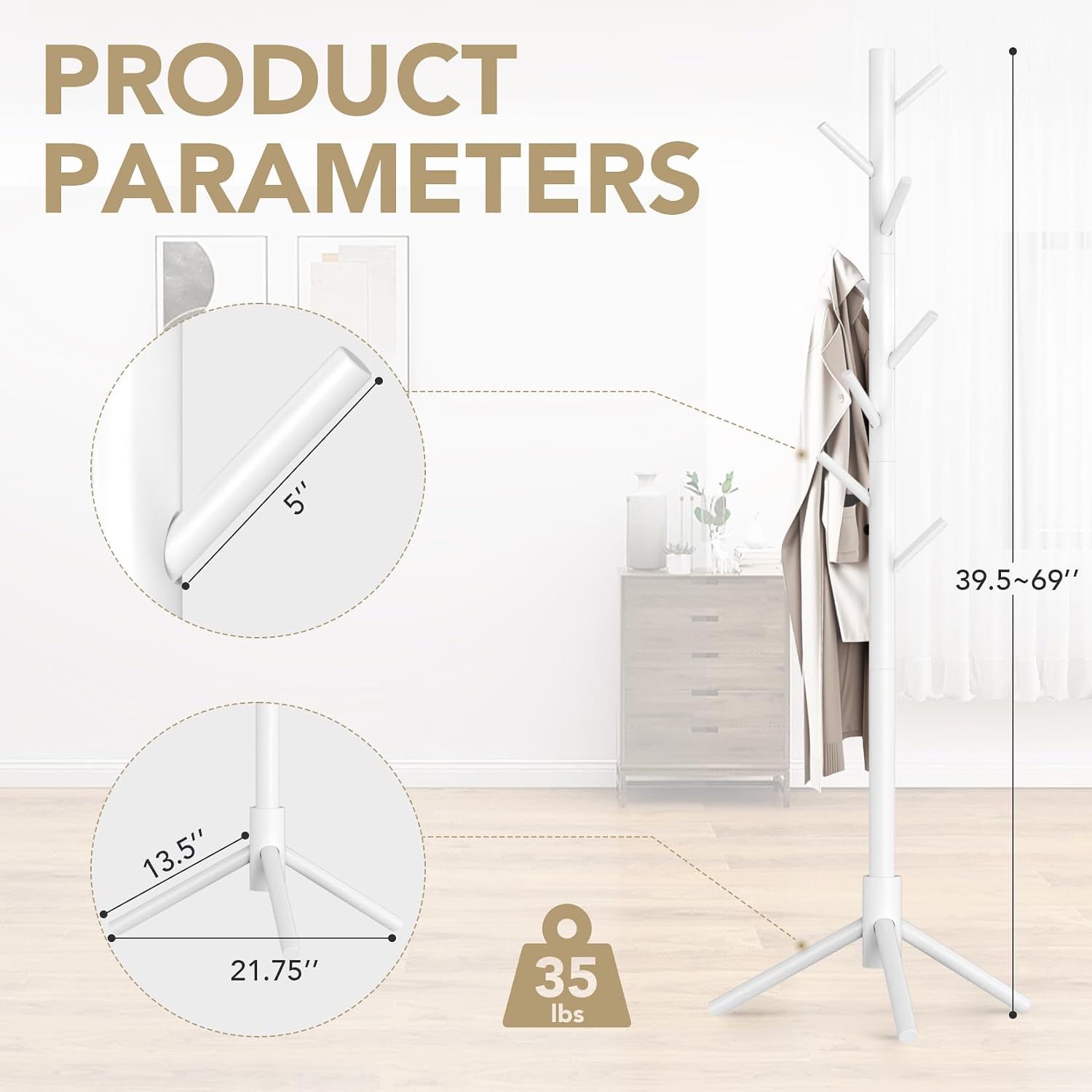 Wooden Coat Rack Freestanding with 8 Hooks,Easy Assembly New Zealand Pine Tree Coat Racks, 3 Adjustable Sizes for Clothes, Hats, Bags, for Entryway, Hallway, Bedroom, Office (White, 1 PC)