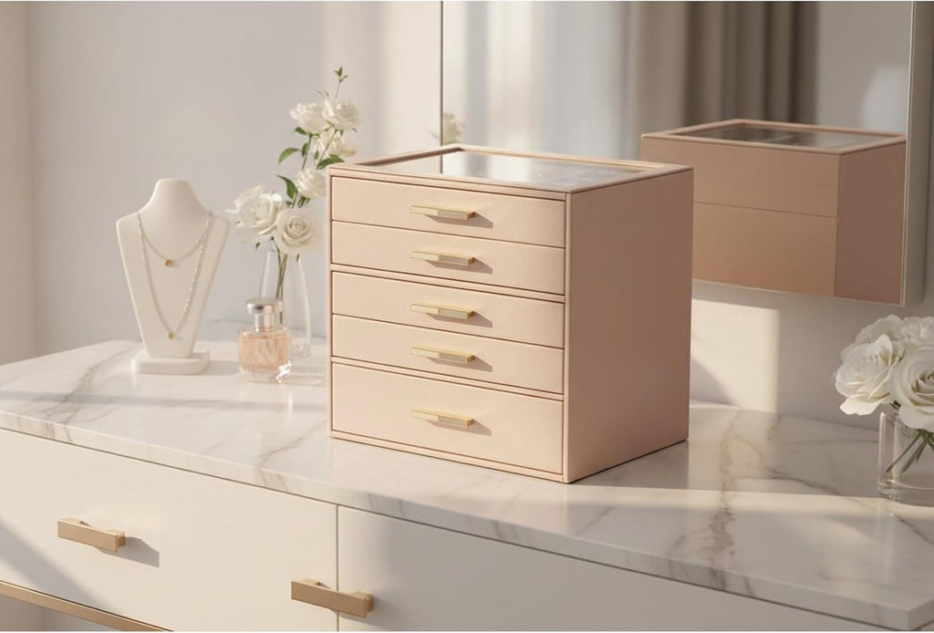 VLANDO 5-Drawer Jewelry Box with Glass Lid, Faux Leather Organizer for Rings Earrings Necklaces and More, Gift-Ready Jewelry Case for Women Girls or Moms, Latte