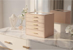 VLANDO 5-Drawer Jewelry Box with Glass Lid, Faux Leather Organizer for Rings Earrings Necklaces and More, Gift-Ready Jewelry Case for Women Girls or Moms, Latte
