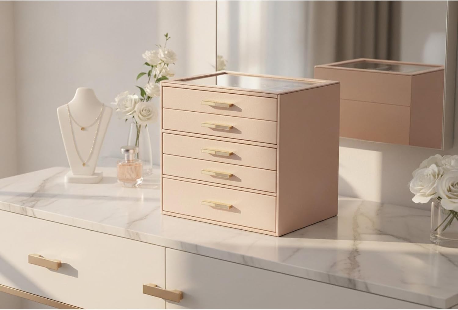 VLANDO 5-Drawer Jewelry Box with Glass Lid, Faux Leather Organizer for Rings Earrings Necklaces and More, Gift-Ready Jewelry Case for Women Girls or Moms, Latte