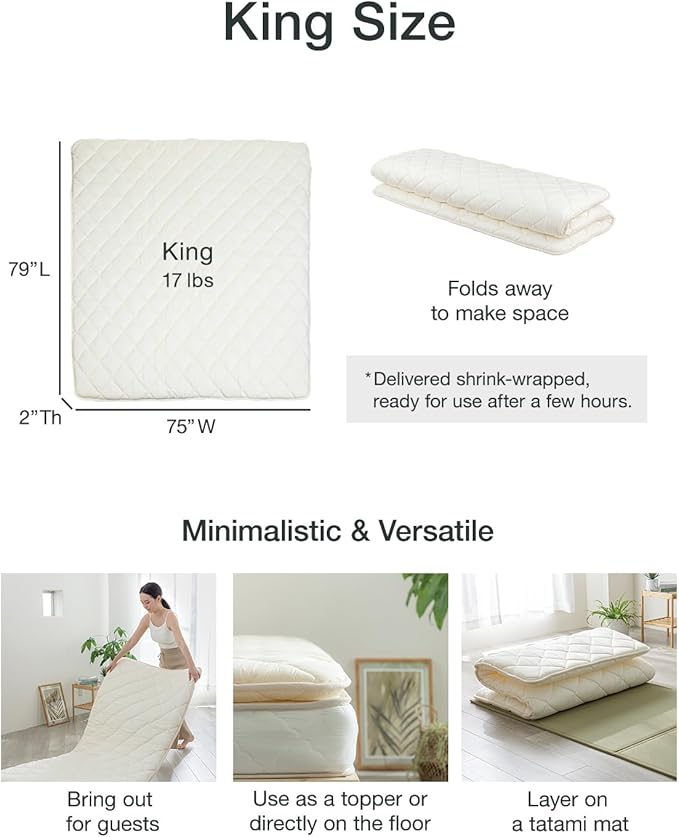 FULI Japanese Futon, Foldable & Portable Floor Lounger Bed, Roll Up Sleeping Pad, Shikibuton, Made in Japan (White, King)