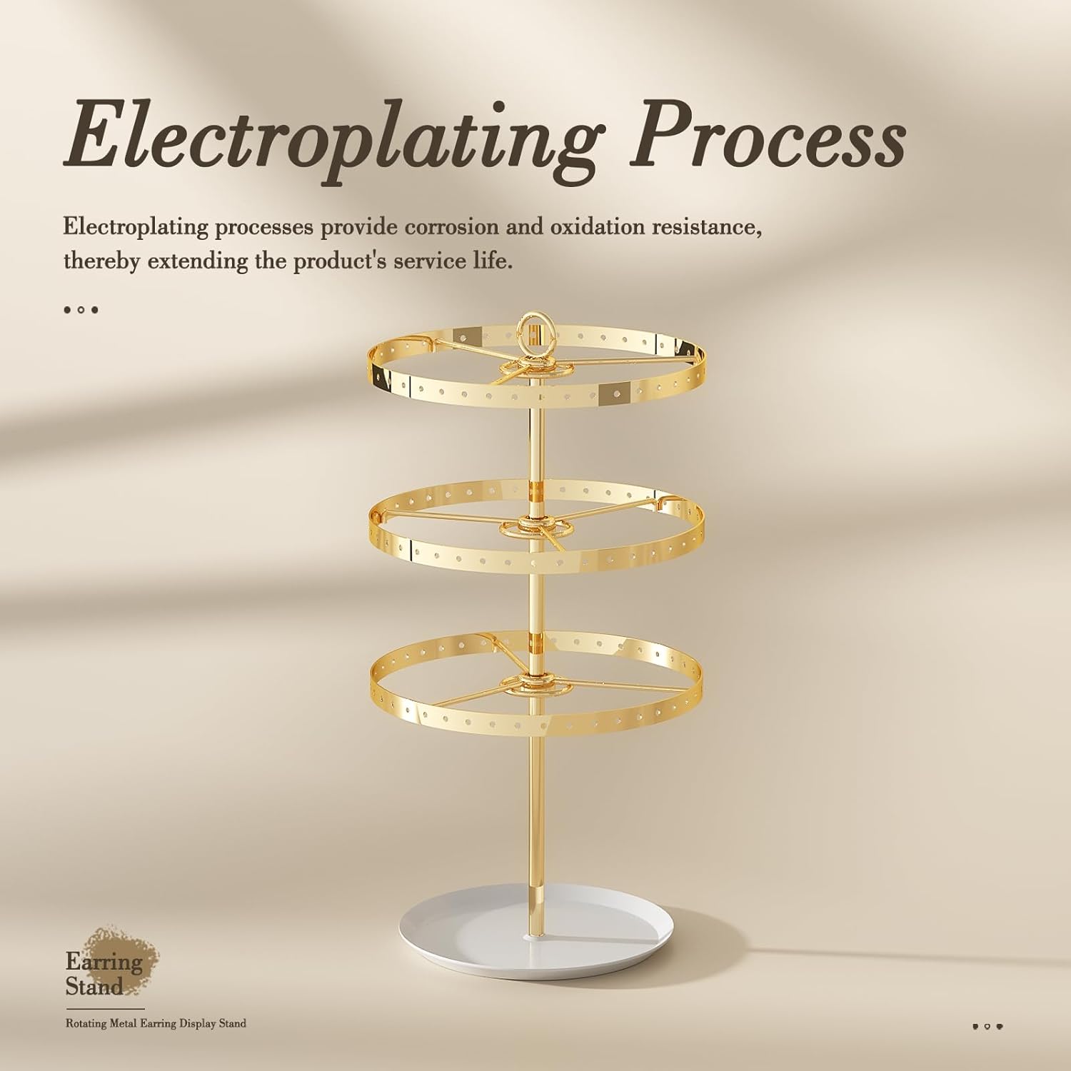 3 Tiers Earring Holder Organizer, Metal Rotating Earring Stand Adjustable Display Tree, 126 Holes Carousel Rack for Stud Hoop Pierced Dangling Women, Perfect View for All Earrings (Gold)