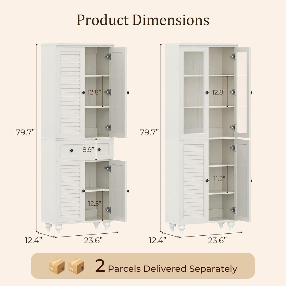 80" Kitchen Pantry Cabinet Set of 2, Farmhouse Storage Cabinets with Gla...