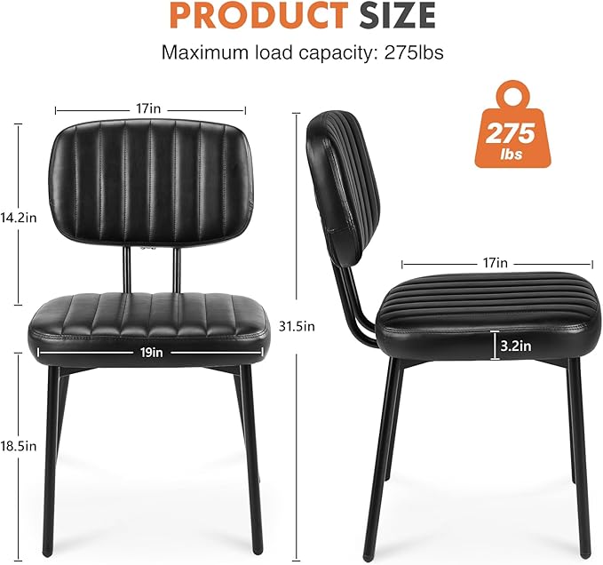 Sweetcrispy Dining Chairs Set of 2, Upholstered Mid Century Modern Kitchen Accent Chairs with Faux Leather Cushion Seat & Metal Legs for Home Office, Living Room - Black