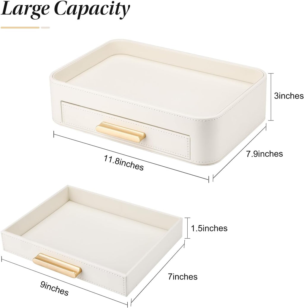 GORESE PU Leather Valet Tray with Drawer, Nightstand Organizer Catch All Tray for Jewelry Perfume Purse Trinket Key Holder, EDC Trays for Desk Vanity Entryway Table, Gift for Women Men, Cream White
