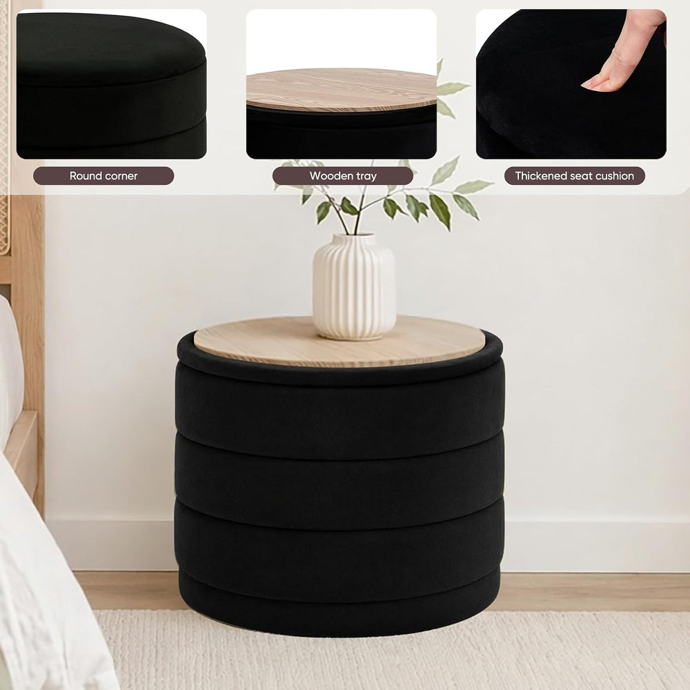 23" Round Velvet Storage Ottoman with Tray | Upholstered Folding Foot Re...