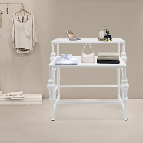 2Pcs Retail Display Tables, Shoe Handbag Display Stand Nesting Tables Set Heavy Duty Purse Display Risers for Home Boutique Retail Store (White)