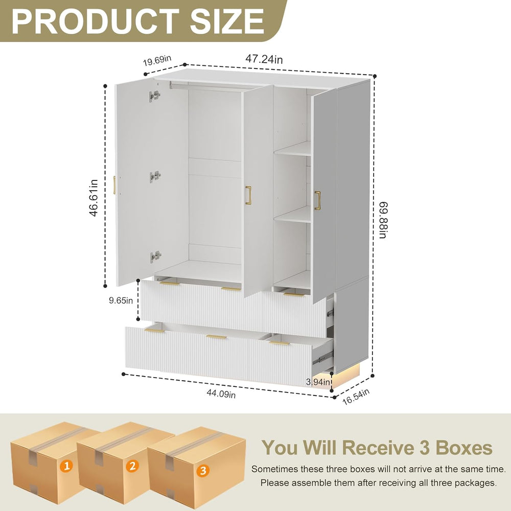 PAKASEPT Armoire Wardrobe Closet with 3 Door, Mirror, LED Lights | Hanging Ro...