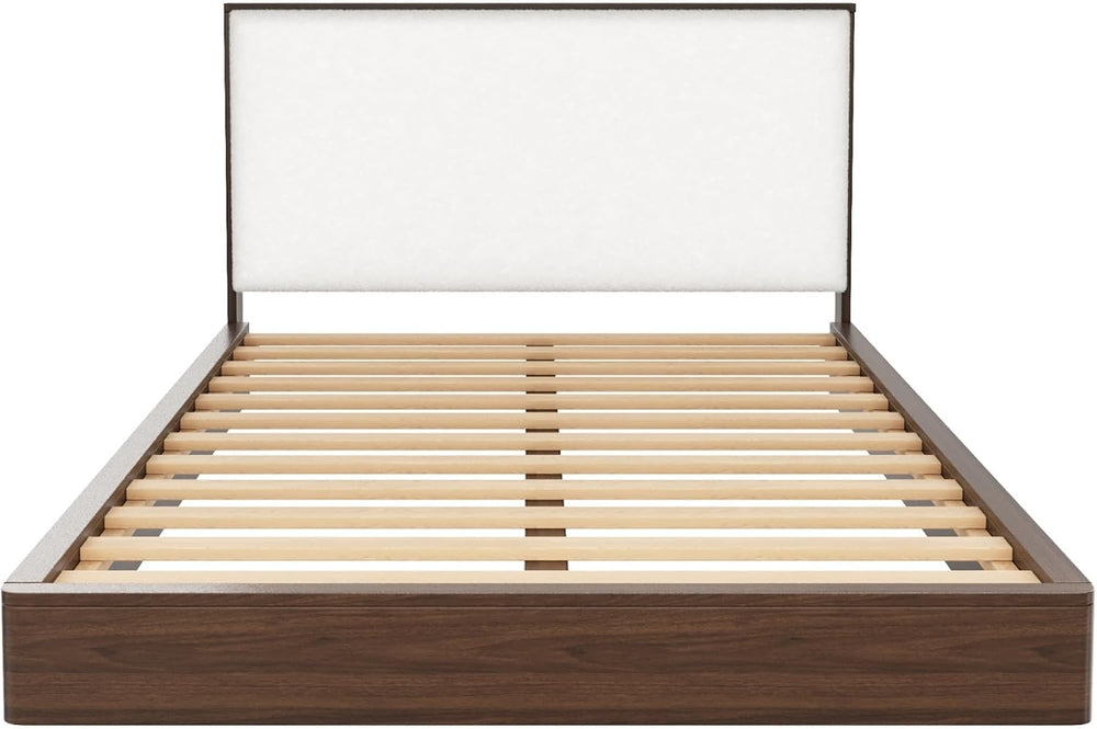Merax Queen Platform Bed Frame with Bouclé Upholstered Headboard, Solid Wood ...