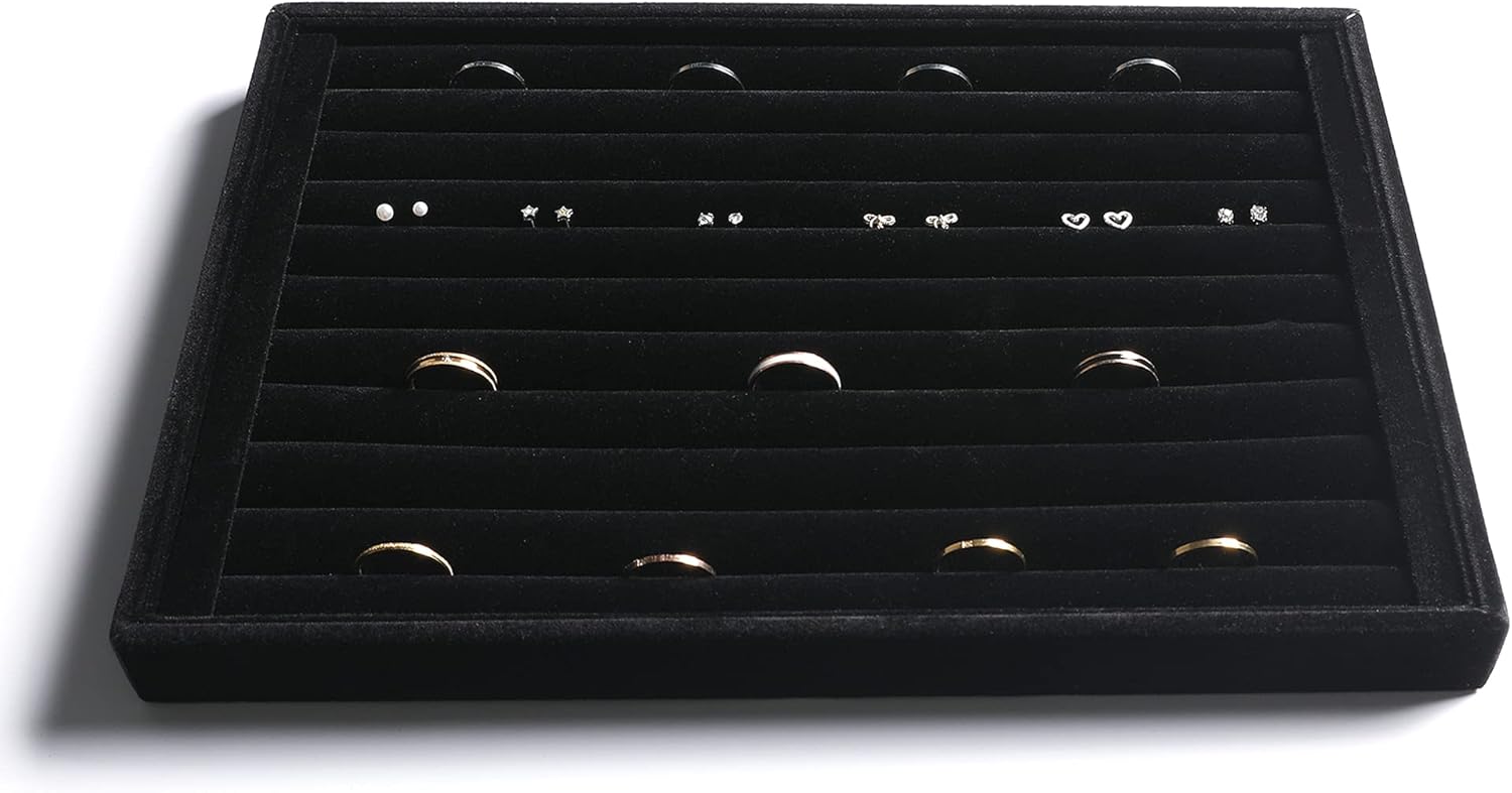Frebeauty Stackable Velvet Jewelry Organizer Trays for Drawers Inserts Jewelry Storage Tray Display Case Stud Earrings Bracelets Necklace Rings Accessories Trays for Women Girl(Set of 4)(Black).