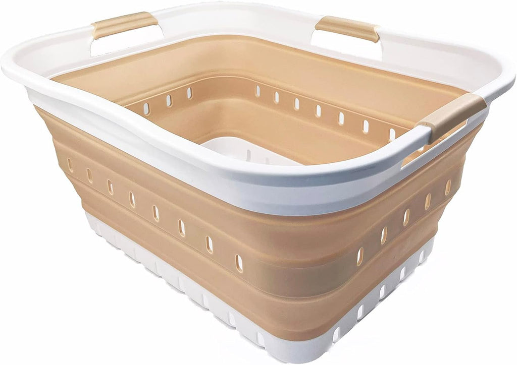 SAMMART 42L (11 gallon) Collapsible Plastic Laundry Basket - Foldable Pop Up Storage Container/Organizer - Portable Washing Tub - Space Saving Hamper/Basket (White/Latte)