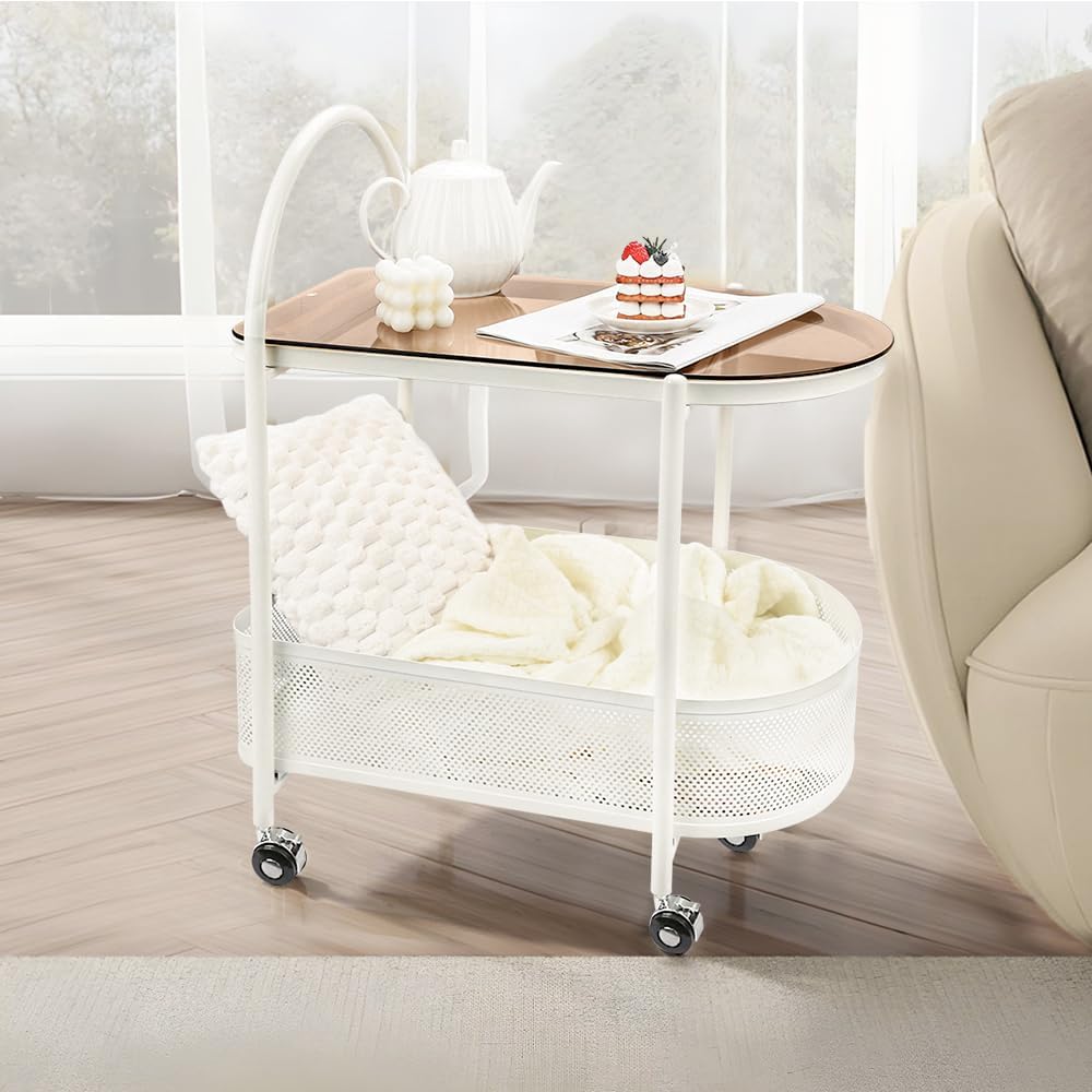 2 Tier Rolling Side Table, Metal Coffee Sofa Side End Table,Handle Utility Ca...