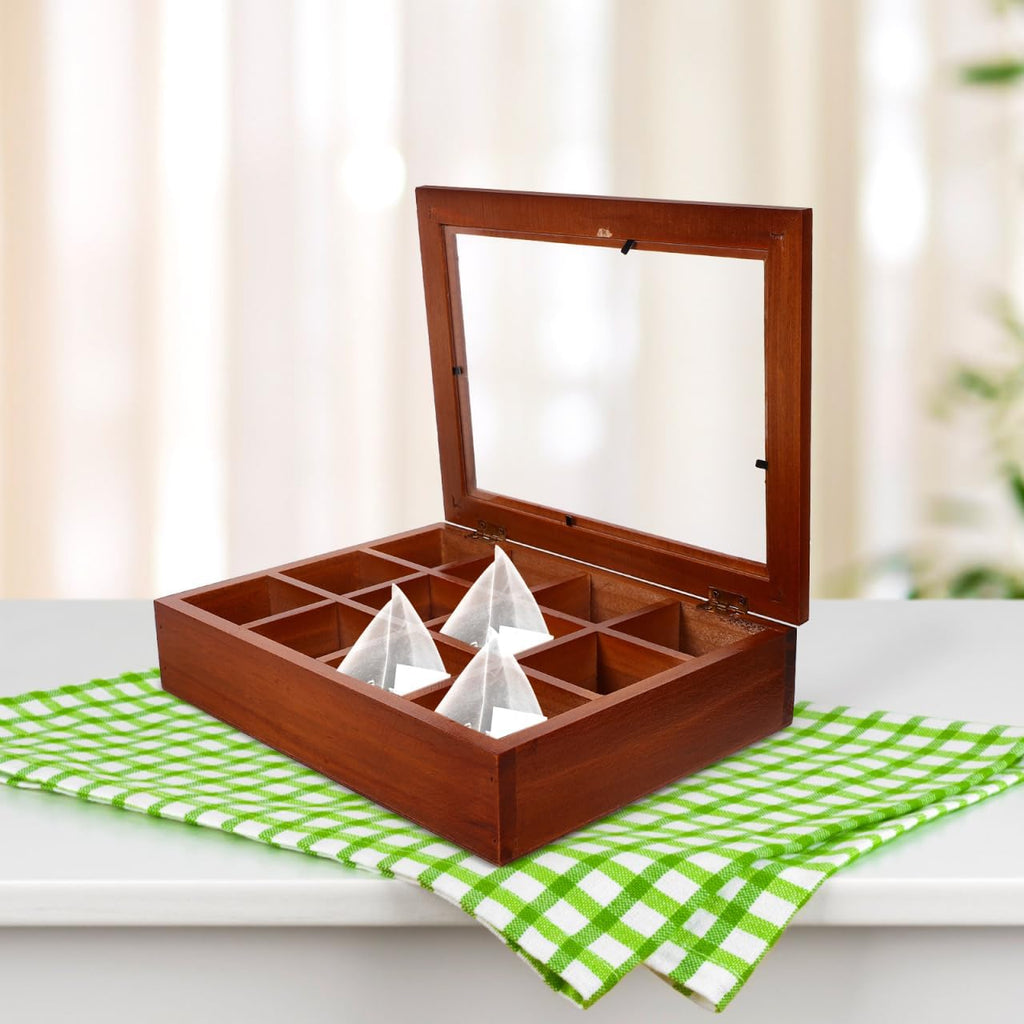 Baluue 12 Compartment Tea Bag Organizer Box with Clear Acrylic Lid Decorative Wood Grain Packet Holder Case Storage Chest Container for Kitchen Countertop Cabinet