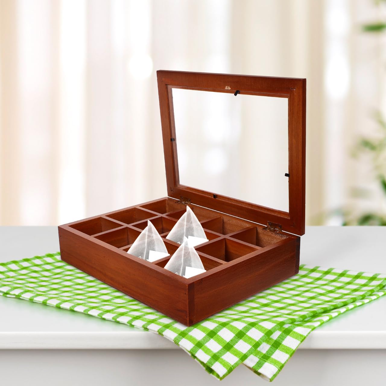 Baluue 12 Compartment Tea Bag Organizer Box with Clear Acrylic Lid Decorative Wood Grain Packet Holder Case Storage Chest Container for Kitchen Countertop Cabinet