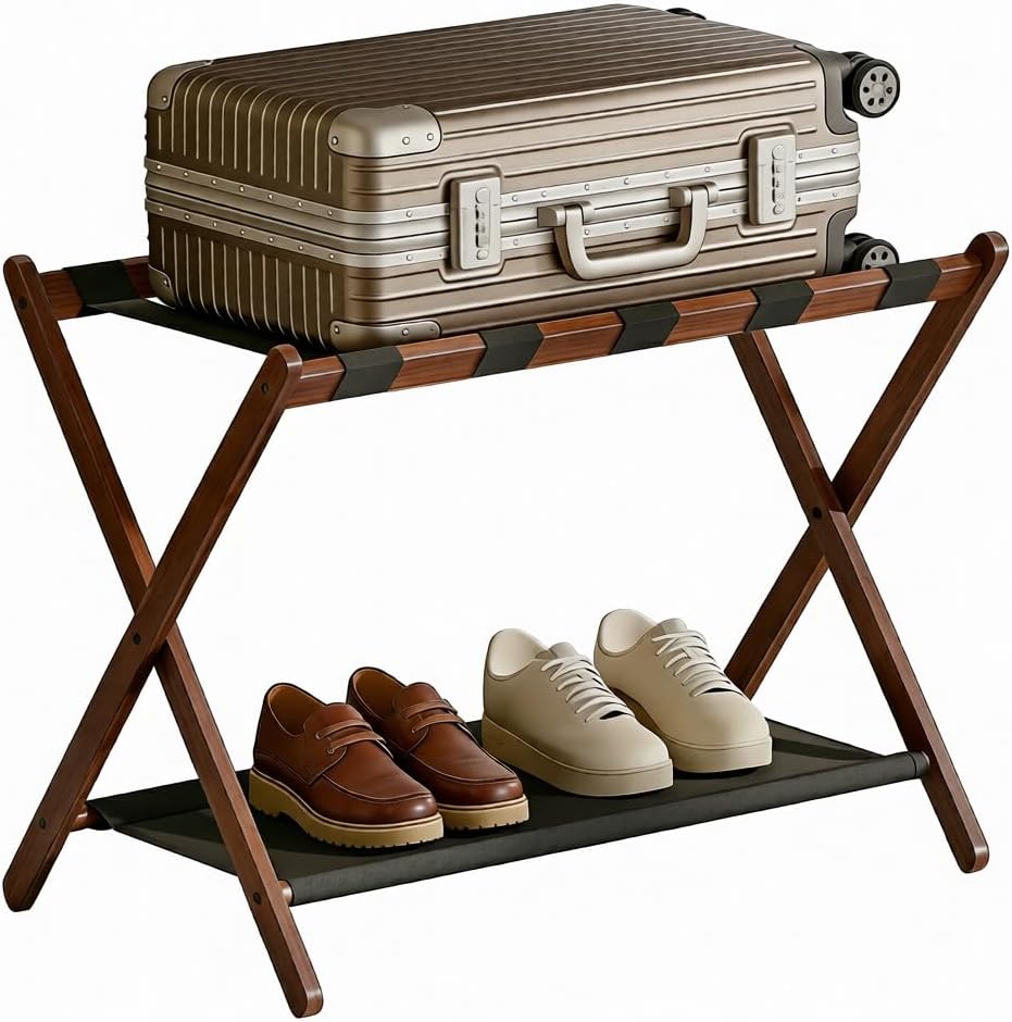 BAMBOOHOMIE Bamboo Luggage Rack for Guest Room, 26.77" Folding Wide Suitcase Stand with Fabric Storage Shelf, Thickened Luggage Stand Holder for Bedroom Hotel, Luggage Rack for Suitcases (1 Pack - Brown)
