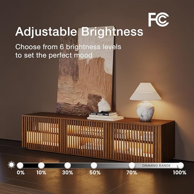 POVISON Mid Century Modern Wood Slatted TV Stand with LED Lights, Media Console for 70+ Inch TV, Entertainment Center with Storage Cabinet for Living Room, Fully-Assembled (Dark Wood, 70.87")