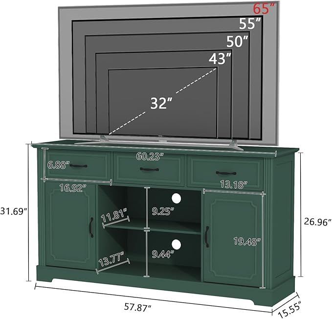 ARTPOWER TV Stand with 3 Drawers for TV up to 65'', Wood Mid Century Television Cabinet with Adjustable Shelves, Entertainment Center with Storage, Console for Living Room, Green