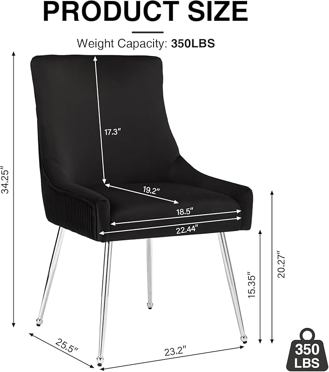 Modern Dining Chairs Set of 2 with Silver Metal Legs, Velvet Upholstered Kitchen Chair Pleated Back, Mid Century Accent Chair for Vanity, Living Room, Black