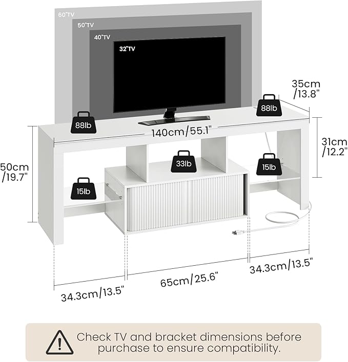 TV Stand with Power Outlet, Modern TV Cabinet for 55 60 inch TVs, Media TV Console with LED Light Strip, Media Entertainment Center with Storage, for Living Room, Bedroom, White MDS02UDWB