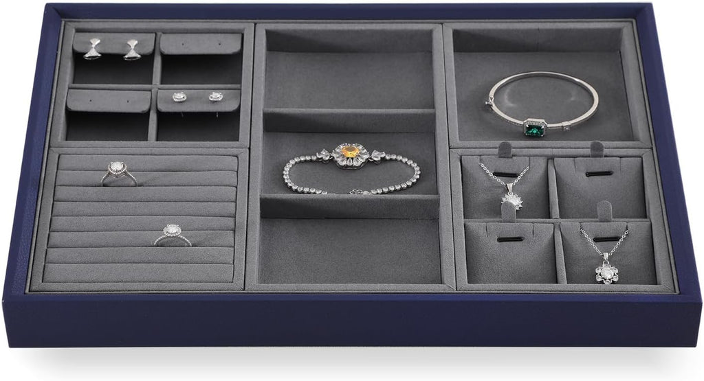 Dark Blue Jewelry Display Tray Ring Necklace Earring Bangle Organizer Multifunctional Storage Case for Jewelry Showcase (Small 4 Grids Pendant Tray)