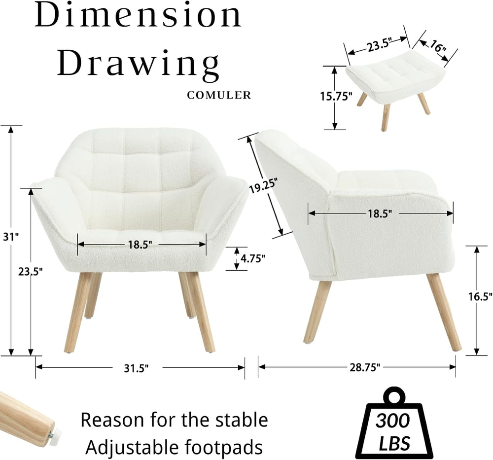 White Sherpa Accent Chair with Ottoman ，Modern Reading Chairs with Ottoman Se...