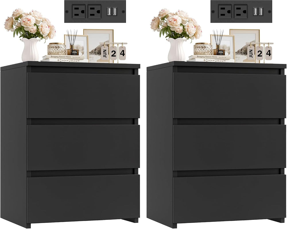 FOTOSOK Nightstands Set of 2, Black Nightstand with Charging Station