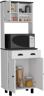 90" H Freestanding Kitchen Pantry with Drawer & 2 Open Shelves, Top Single Door & Lower Double Door, Black Legs, Rectangular Storage Cabinet, for Living Room, Dining Room, White