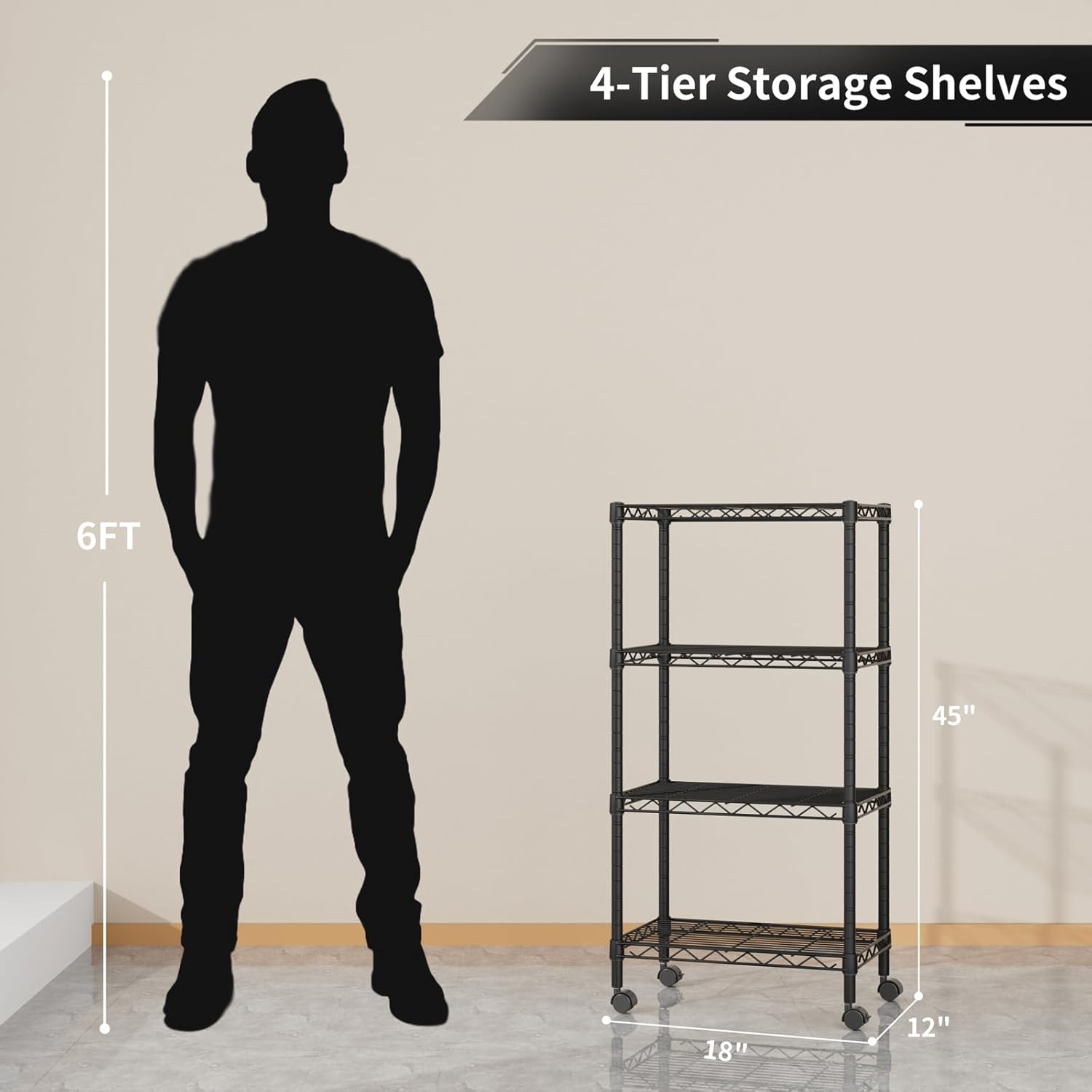 Small 4 Tier Shelves Storage Wire Shelving Unit Metal Shelf Adjustable Organizers Storage Shelving with Wheels for Bathroom Laundry Room Kitchen Pantry12”D x 18”W x 44.8”H Black