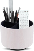 Round Leather Art Supply Organizer,Remote Control Holder,360 Degree Spinning,Multi-Functional Pencil Holder,4 Compartments Desktop Stationary Organizer(1-Thin Wood White)