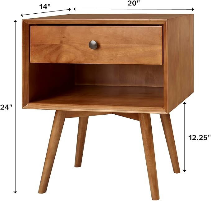 Walker Edison Mid Century Modern Wood Nightstand Side Table Bedroom Storage Drawer and Shelf Bedside End Table, 1 Drawer, Caramel