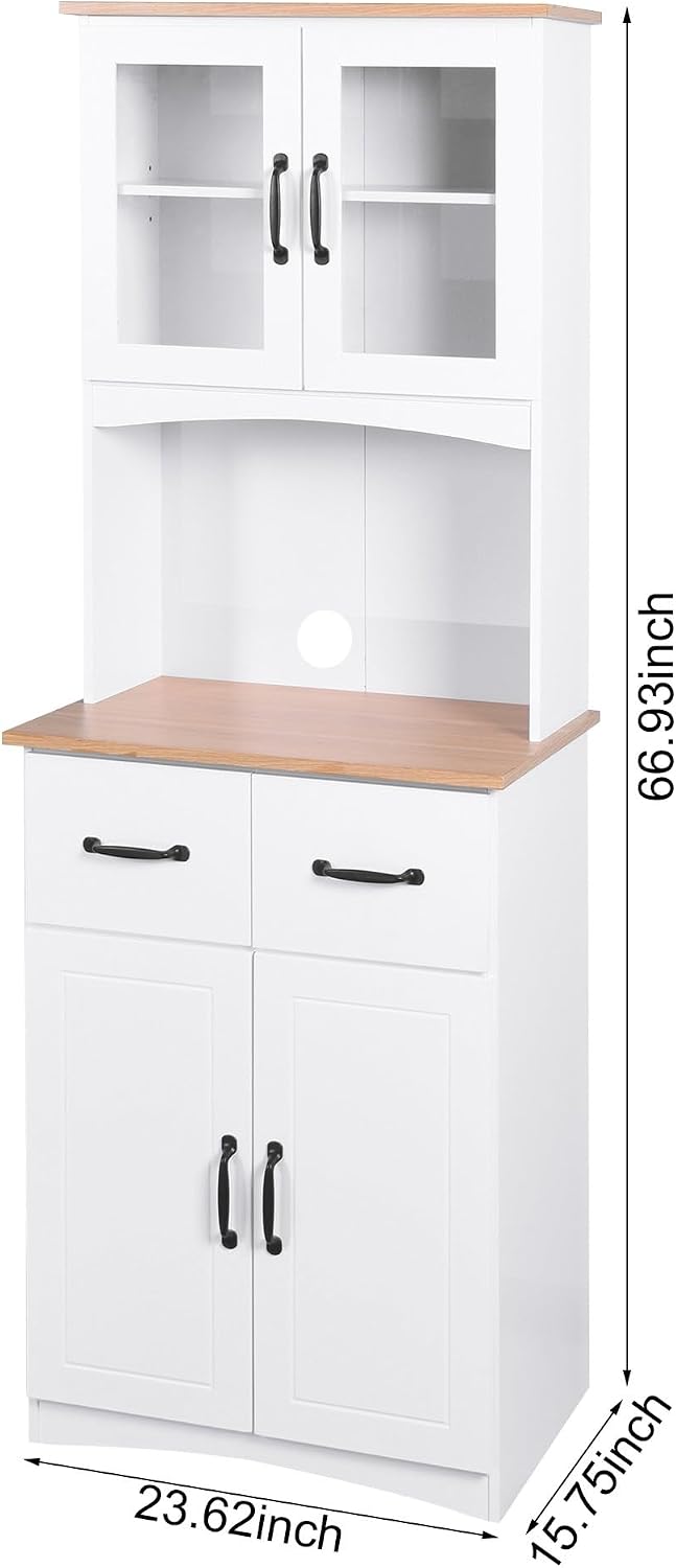 Kitchen Pantry Storage Cabinet with Framed Glass Doors and Drawer, Microwave ...