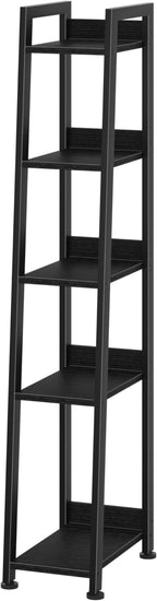 Narrow Ladder Shelf for Small Spaces - 5 Tier Thin Bookshelf Skinny Book Shelves Slim Bookshelves 60 inch Tall, Black (02B)