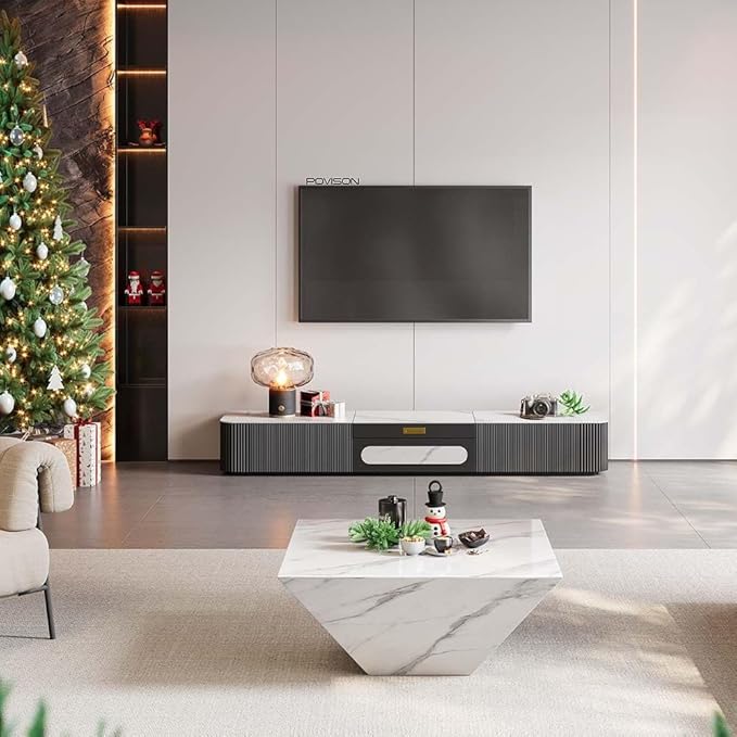 POVISON Fully-Assembled Modern TV Stand for Projector, Sintered Stone Entertainment Center with Storage for 75 inch TV, Wood TV Console, Media Console for Living Room Bedroom