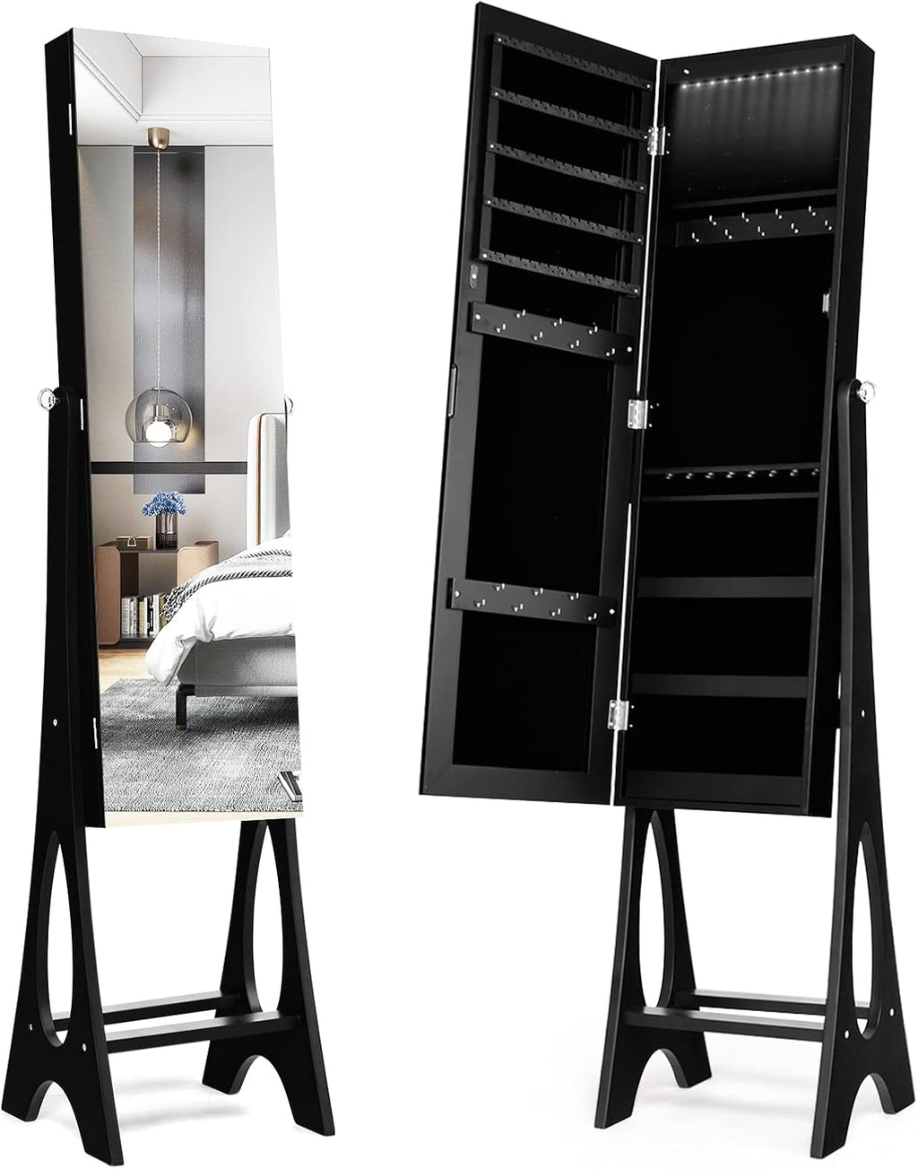COSTWAY 12 LED Mirror Jewelry Cabinet, Freestanding Jewelry Storage Organizer w/Full Length Mirror, Large Capacity Jewelry Armoire w/Bottom Shelf, Mirror with Jewelry Storage for Women Girls (Black)