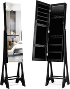 COSTWAY 12 LED Mirror Jewelry Cabinet, Freestanding Jewelry Storage Organizer w/Full Length Mirror, Large Capacity Jewelry Armoire w/Bottom Shelf, Mirror with Jewelry Storage for Women Girls (Black)