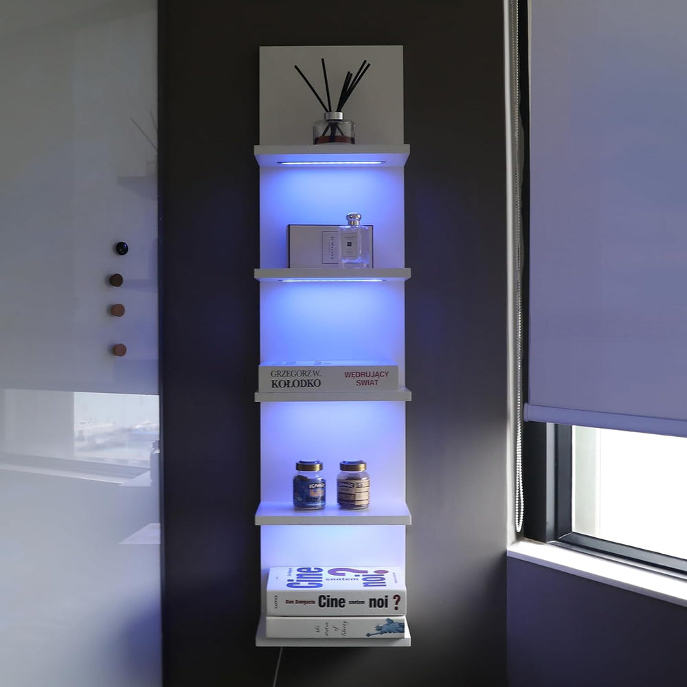 5 Tier Wall Shelf Unit, White, RGB Lack Shelf with Light