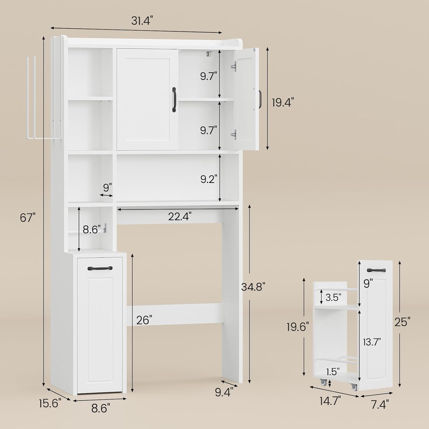 Over The Toilet Storage Cabinet with Pulley, Bathroom Cabinet, Space Saver W/Adjustable Shelf Rack for Bathroom, Restroom, Laundry (White-Type B)