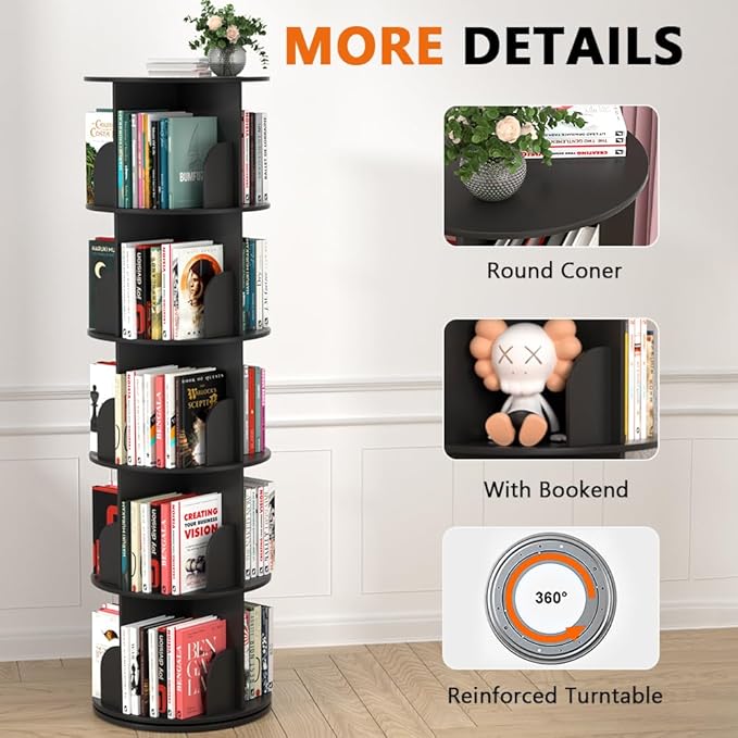 Nidouillet Rotating Bookshelf Tower, 5 Tier Spinning Bookcase Lazy Susan, Revolving 360 Book Shelf Storage Round Organizer, Vertical Rotate Turning Corner Book Case for Small Space, Black